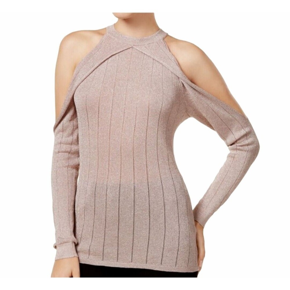 GUESS Sweater Woman Large Blush‎ Pink Gray Sera Sheer Metallic Cold-Shoulder